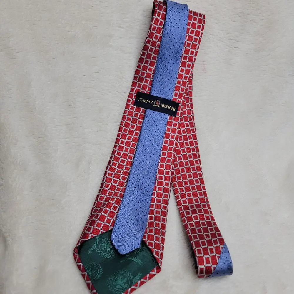 Vintage 90s Tommy Hilfiger 100% Silk Red Geometric Print Preppy Classic Neck Tie